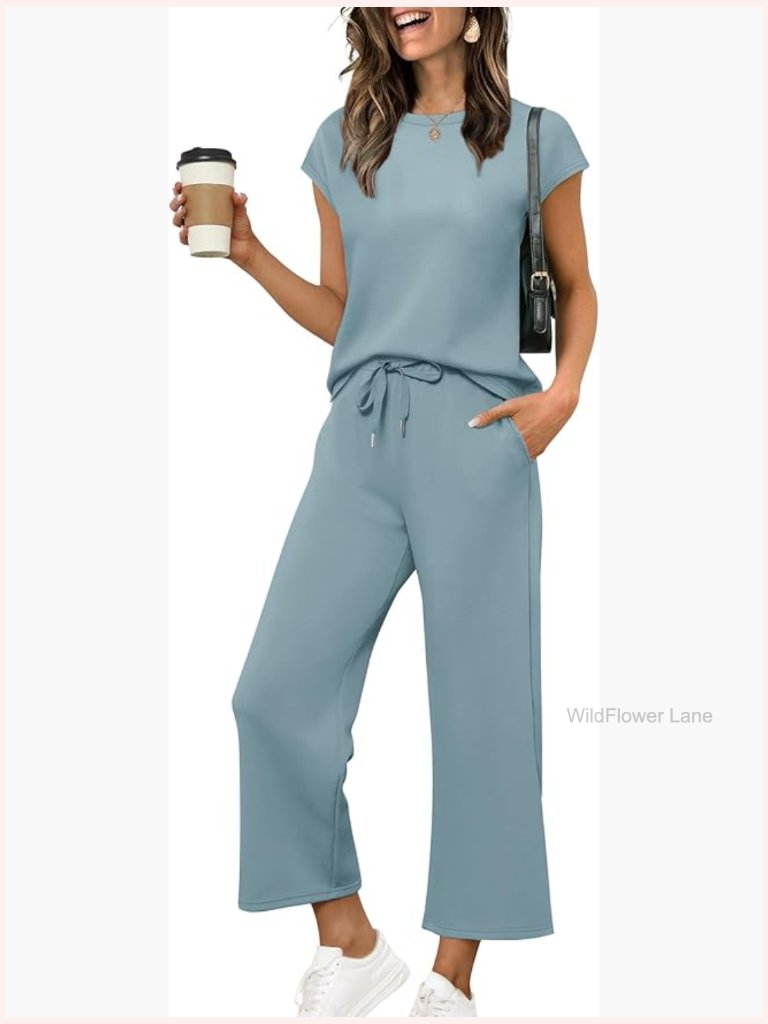 Women's 2 Piece Lounge Set Cap Sleeve Crop Top Wide Leg Pants